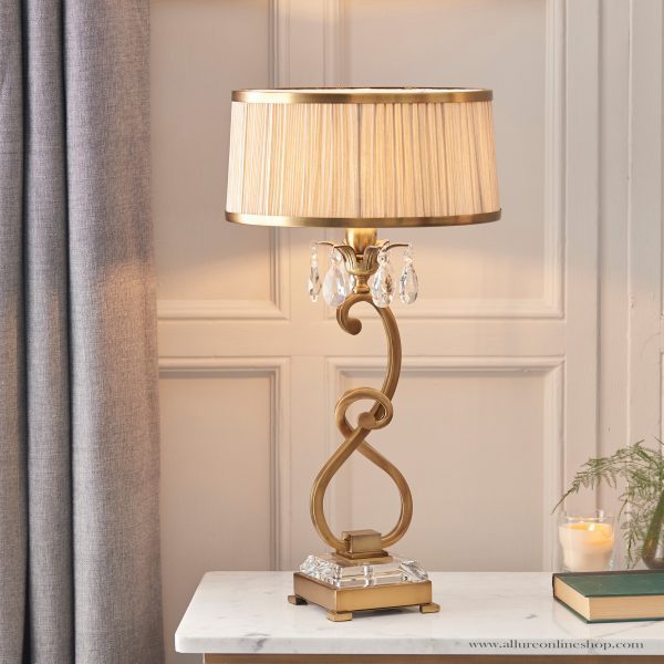 Antique Brass Medium Table & Beige Shade
