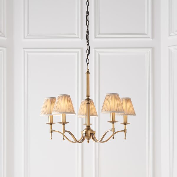 Antique Brass 5lt Pendant With Individual Beige Shades