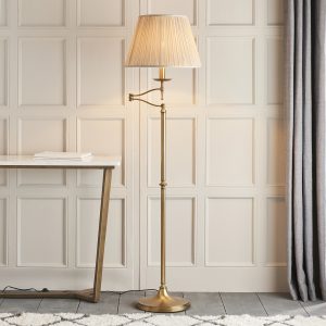 Antique Brass Swing Arm Floor Lamp & Beige Shade