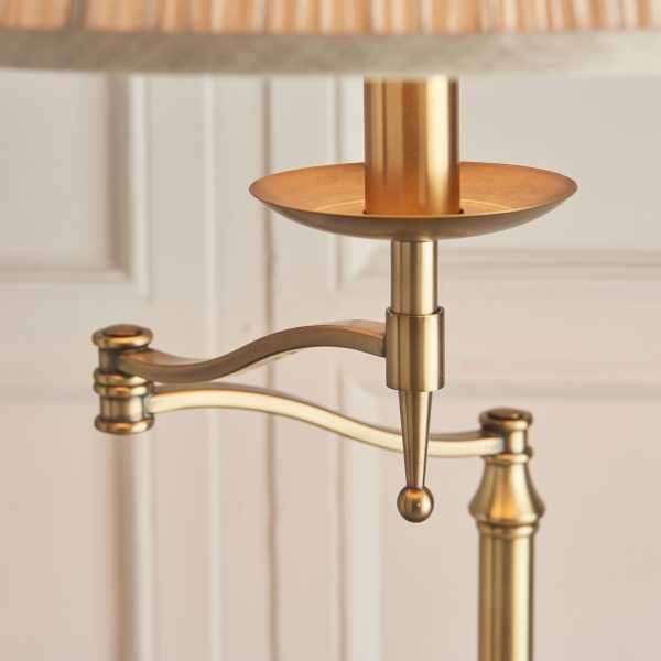 Antique Brass Swing Arm Floor Lamp & Beige Shade - Image 3