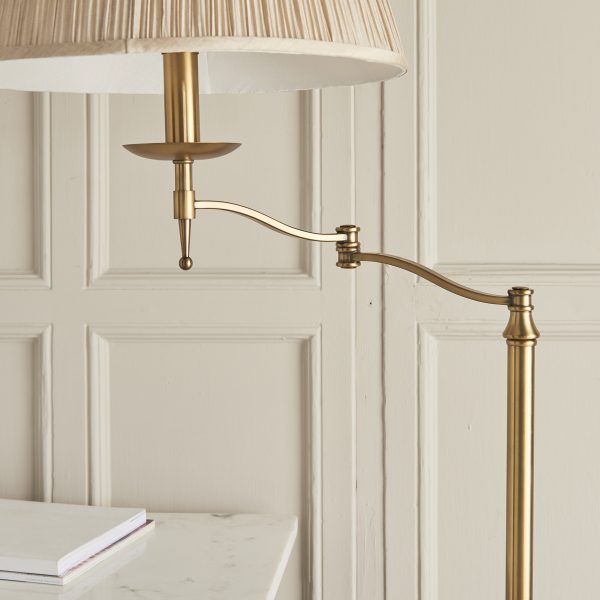 Antique Brass Swing Arm Floor Lamp & Beige Shade - Image 4