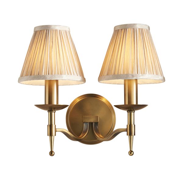 Antique Brass Twin Wall Lamp & Beige Shades - Image 2