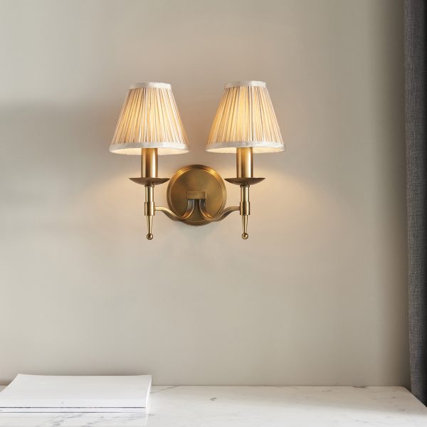 Antique Brass Twin Wall Lamp & Beige Shades - Image 3