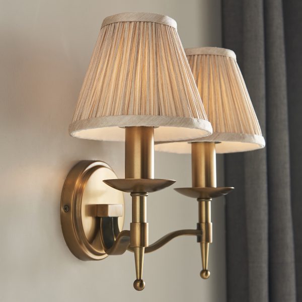 Antique Brass Twin Wall Lamp & Beige Shades