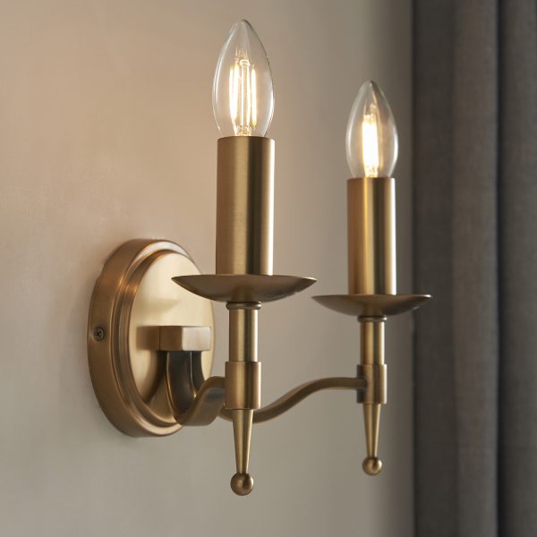 Antique Brass Twin Wall Lamp & Beige Shades - Image 5