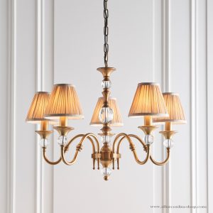 Antique Brass 5lt Pendant With Crystal Embellishments & Beige Shades