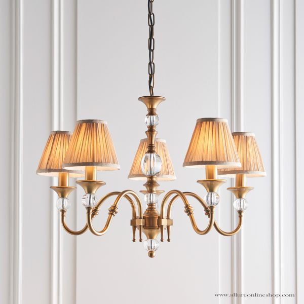 Antique Brass 5lt Pendant With Crystal Embellishments & Beige Shades