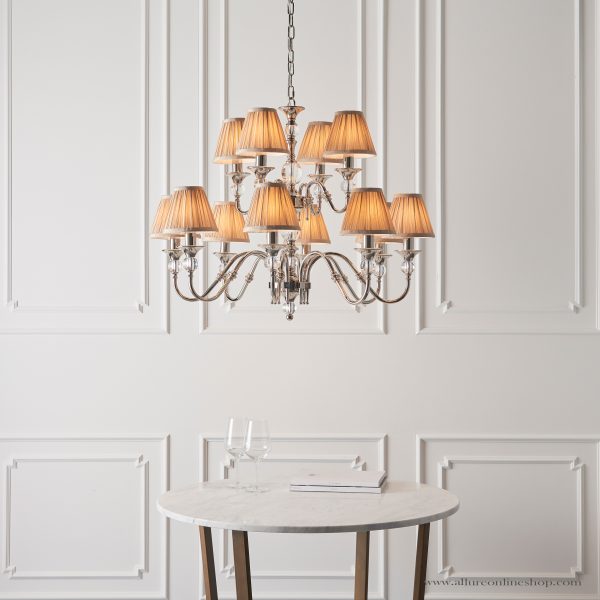 Nickel 12lt Pendant With Crystal Embellishments & Beige Shades - Image 3