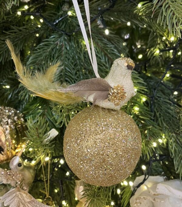 17cm Feather Bird on Ball Hanging Gold Decoration