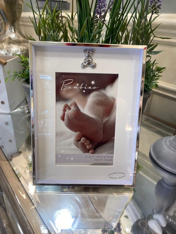 Thin Silver Plated Border Frame With Teddy Icon - 10cm x 15cm (4'' x 6'')