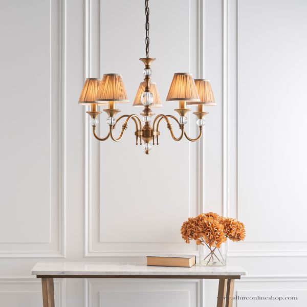 Antique Brass 5lt Pendant With Crystal Embellishments & Beige Shades - Image 2