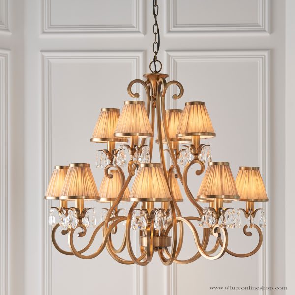 Antique Brass 12lt Pendant & Beige Shades