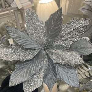 Silver Grey Velvet Glitter Poinsettia 31cm