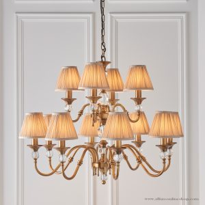 Antique Brass 12lt Pendant With Crystal Embellishments & Beige Shades