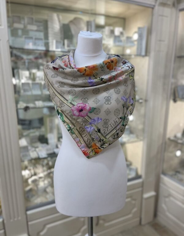 GUESS Logo Silk Blend Floral Foulard Beige