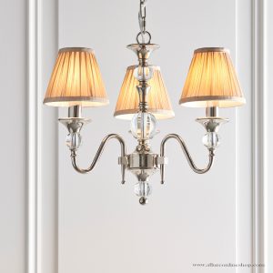 Nickel 3lt Pendant With Crystal Embellishments & Beige Shades