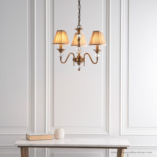Antique Brass 3lt Pendant With Crystal Embellishments & Beige Shades - Image 3