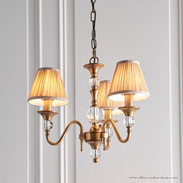 Antique Brass 3lt Pendant With Crystal Embellishments & Beige Shades