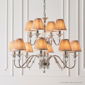 Nickel 12lt Pendant With Crystal Embellishments & Beige Shades
