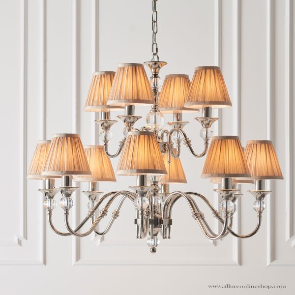 Nickel 12lt Pendant With Crystal Embellishments & Beige Shades