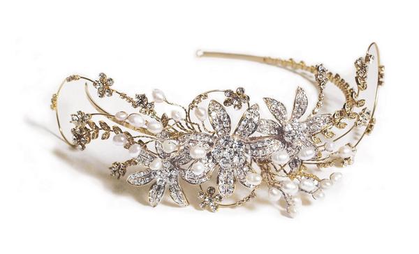Romantic Gold Bridal Clear Swarovski Crystal & Freshwater Pearls Headband