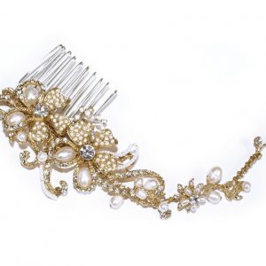 Vintage Gold Bridal Clear Swarovski Crystal & Freshwater Pearl Comb