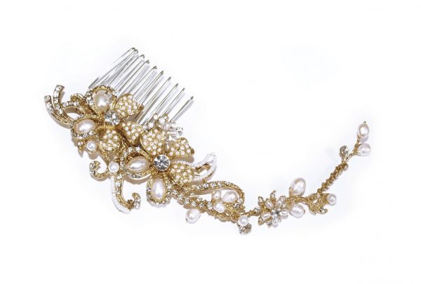 Vintage Gold Bridal Clear Swarovski Crystal & Freshwater Pearl Comb