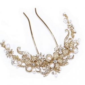 Floral Gold Bridal Clear Swarovski Crystal & Freshwater Pearl Comb