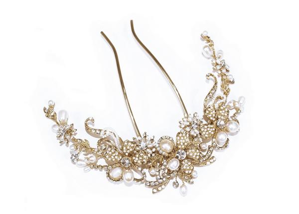 Floral Gold Bridal Clear Swarovski Crystal & Freshwater Pearl Comb