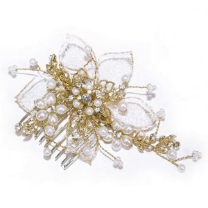 Floral Gold Bridal Clear Swarovski Crystal & Italian Gold Mesh Comb