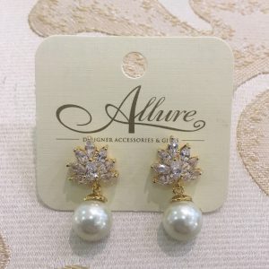 Cluster CZ Yellow Gold & Pearl Drop Earrings