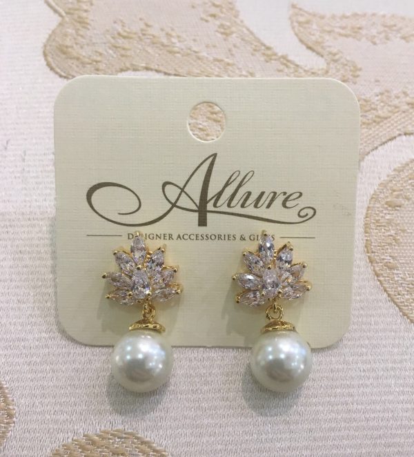 Cluster CZ Yellow Gold & Pearl Drop Earrings