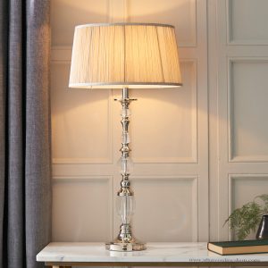 Nickel Large Table With Crystal Embellishments & Beige Shade