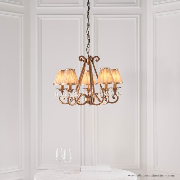Antique Brass 5lt Pendant & Beige Shades - Image 3